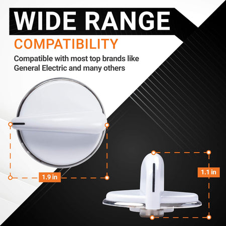 Dimensional diagram of WE01X20378 white control knob with metal ring for GE dryers and washers showing 1.9 inch diameter.