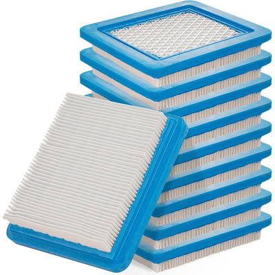 Stack of ten 491588S flat air filter cartridges for push lawn mowers with blue frames and pleated paper elements.