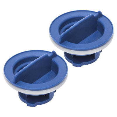 Two blue dishwasher rinse aid caps for Whirlpool and KitchenAid dishwashers.