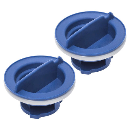 Two blue dishwasher rinse aid caps for Whirlpool and KitchenAid dishwashers.