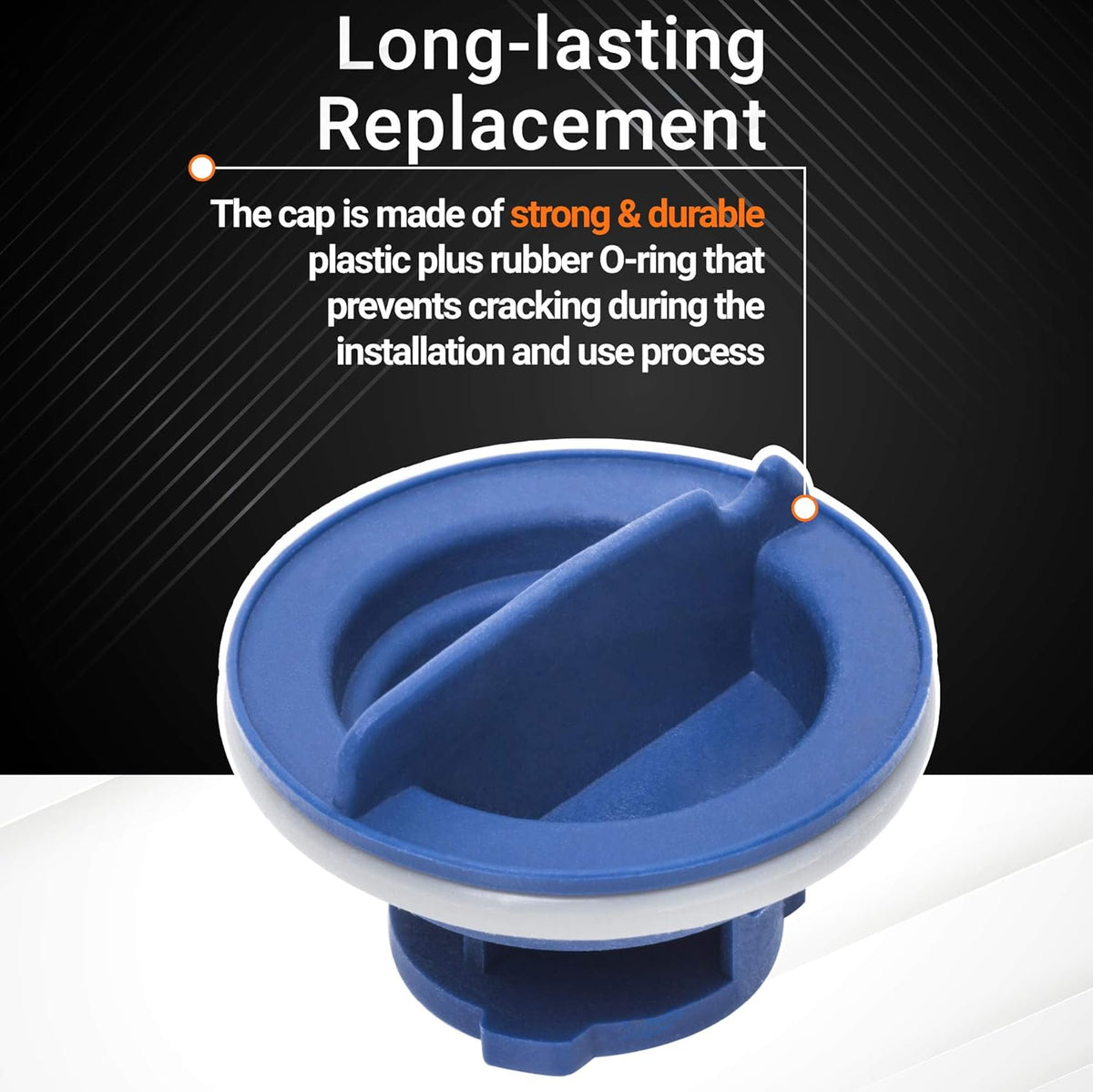 Close-up of blue WPW10077881 dishwasher rinse aid cap with durable plastic construction and rubber O-ring.