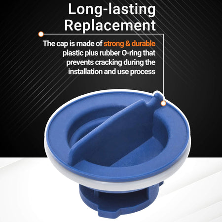 Close-up of blue WPW10077881 dishwasher rinse aid cap with durable plastic construction and rubber O-ring.