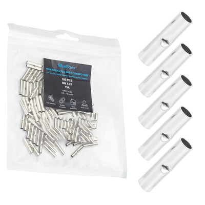 Pack of 100 non-insulated butt splice connectors in a plastic bag with five individual connectors shown on the right.