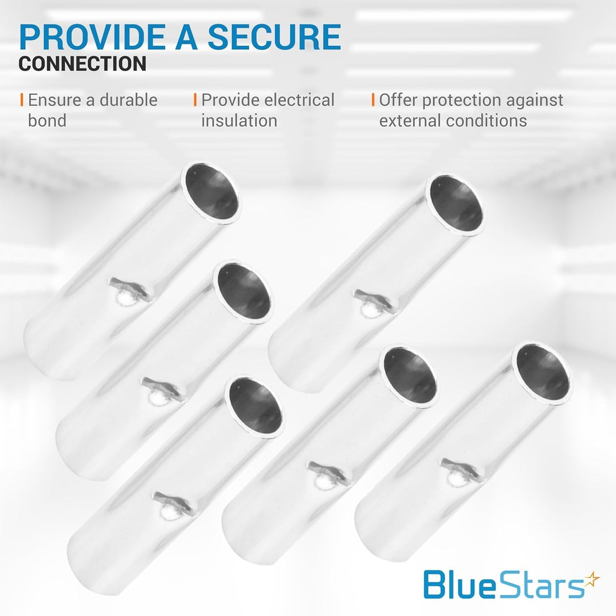 Group of six non-insulated metal butt splice connectors for secure electrical wire connections.