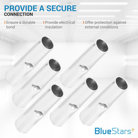 Group of six non-insulated metal butt splice connectors for secure electrical wire connections.