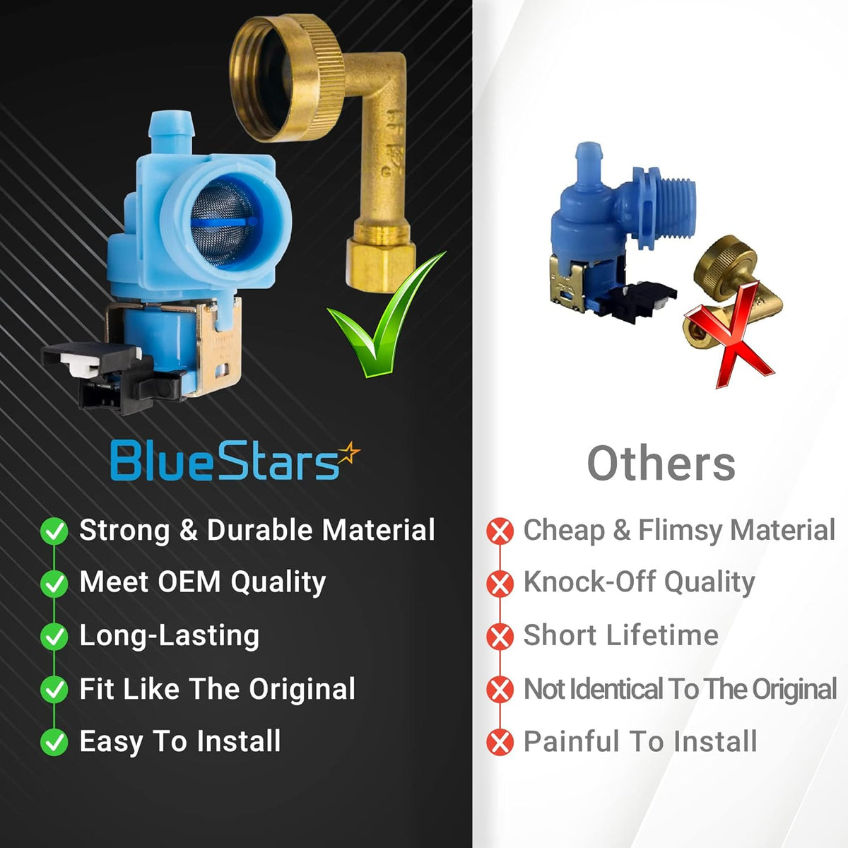 Comparison chart of W10648041 dishwasher water inlet valve and elbow fitting versus lower quality alternatives.
