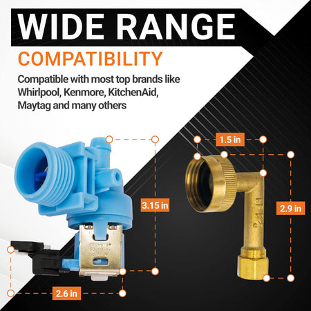 W10648041 dishwasher water inlet valve and brass elbow fitting with dimension measurements for compatibility reference.