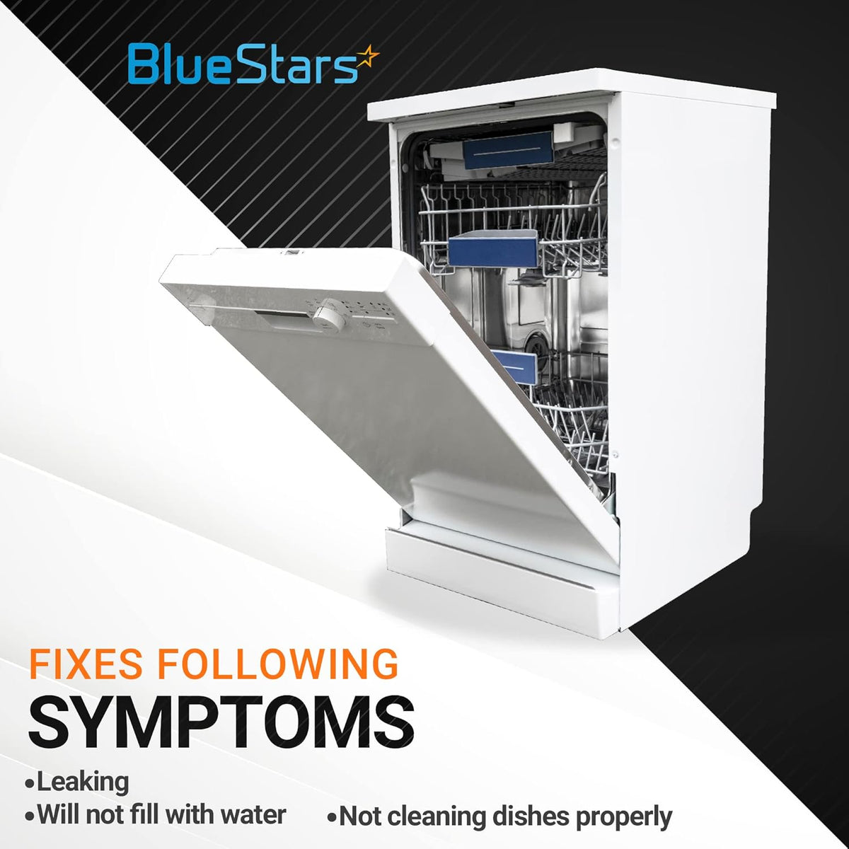 White dishwasher showing symptoms fixed by W10648041 water inlet valve including leaking and not filling with water.