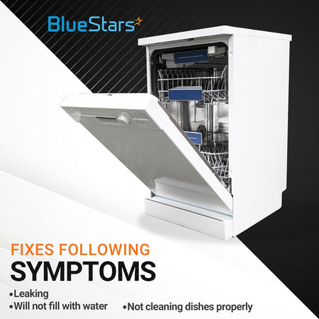 White dishwasher showing symptoms fixed by W10648041 water inlet valve including leaking and not filling with water.