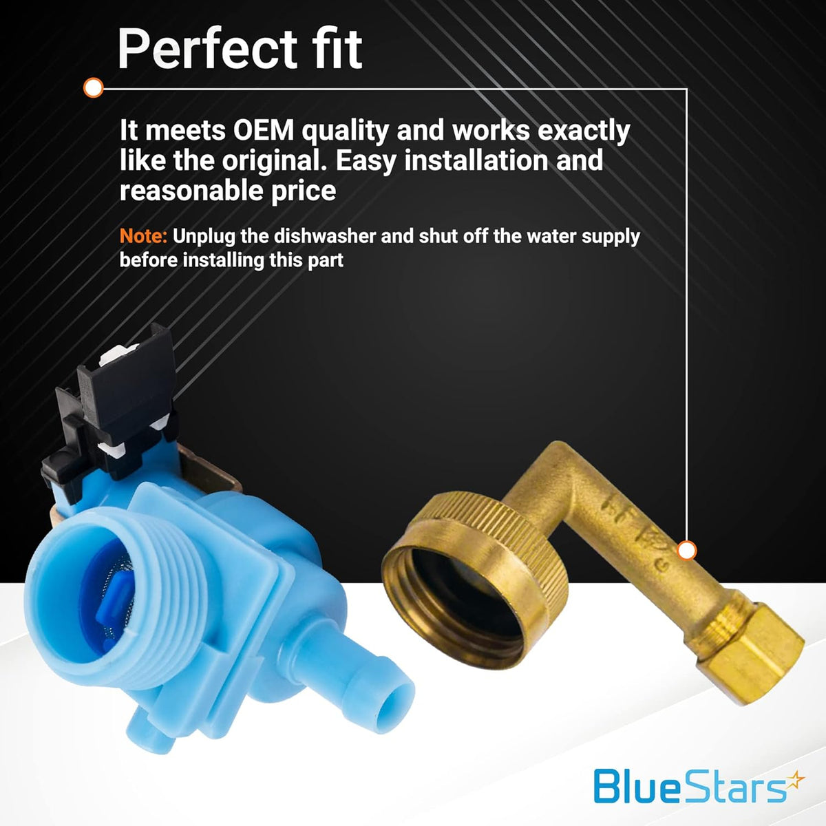 W10648041 dishwasher water inlet valve and brass elbow fitting replacement part.