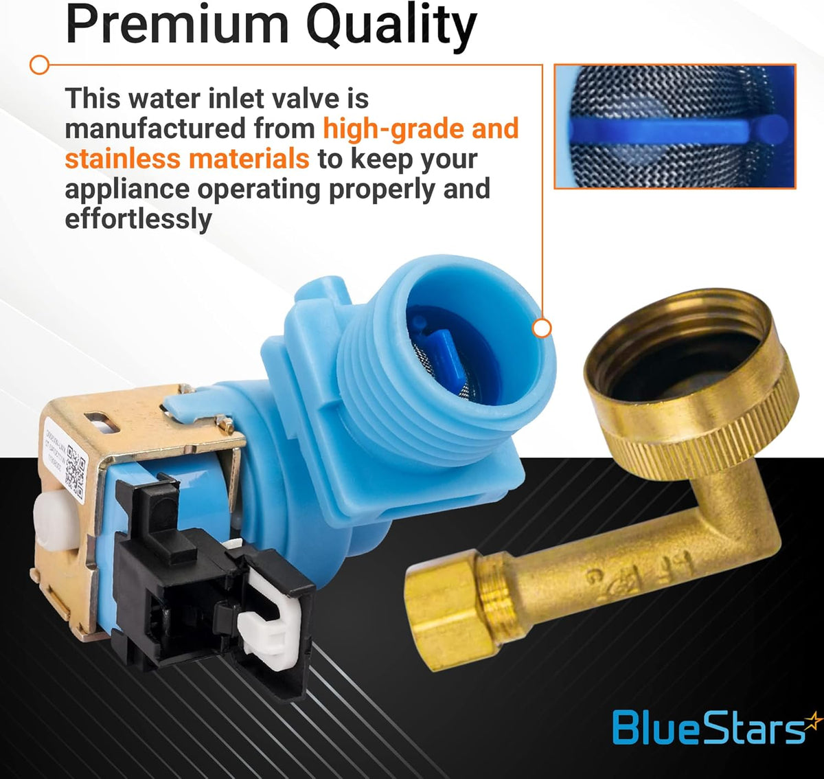 W10648041 dishwasher water inlet valve with brass elbow fitting and close-up of internal mesh filter.