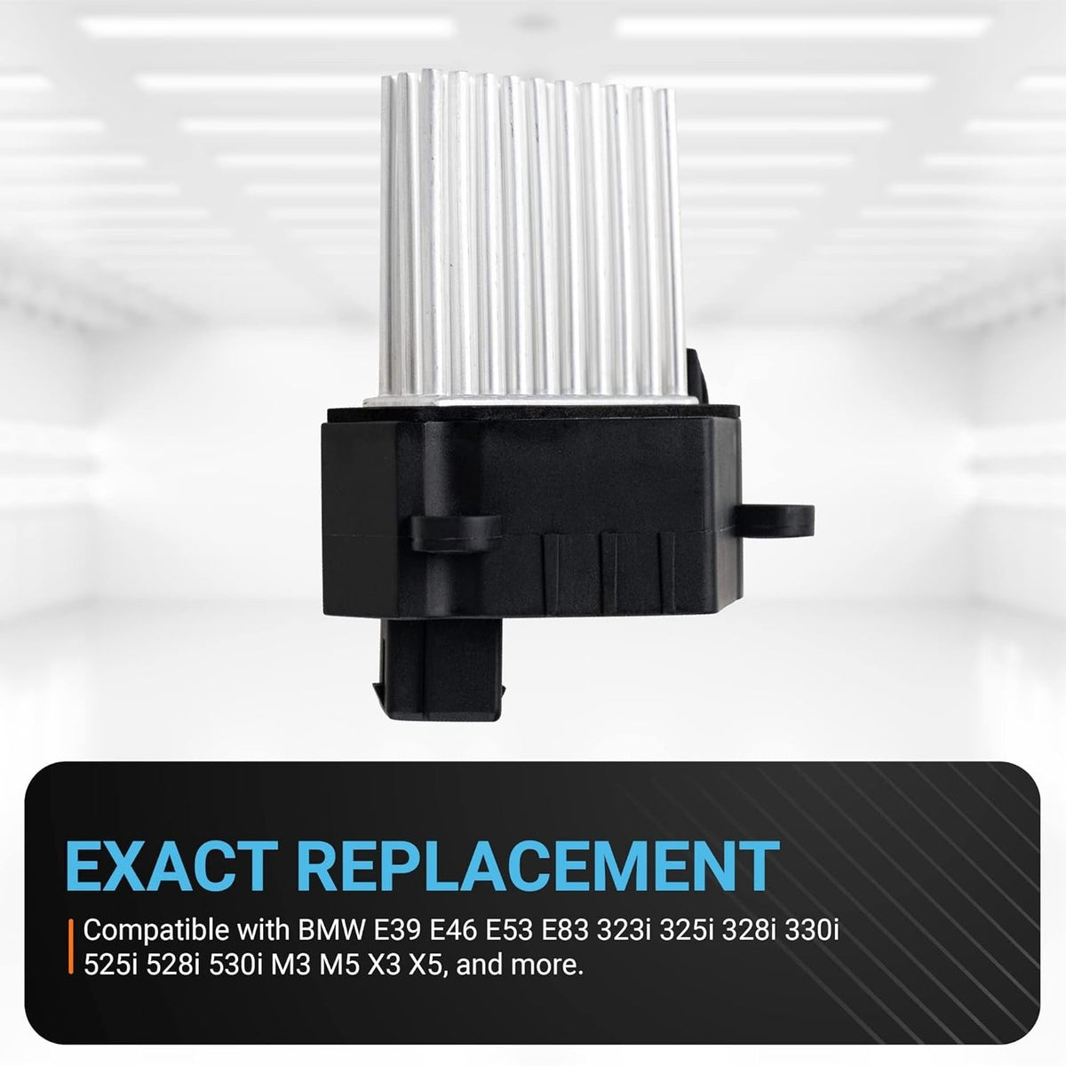 Blower motor resistor replacement for BMW with silver cooling fins and black plastic housing.