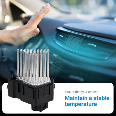 Blower motor resistor 64116923204 shown with car dashboard background to illustrate climate control function.