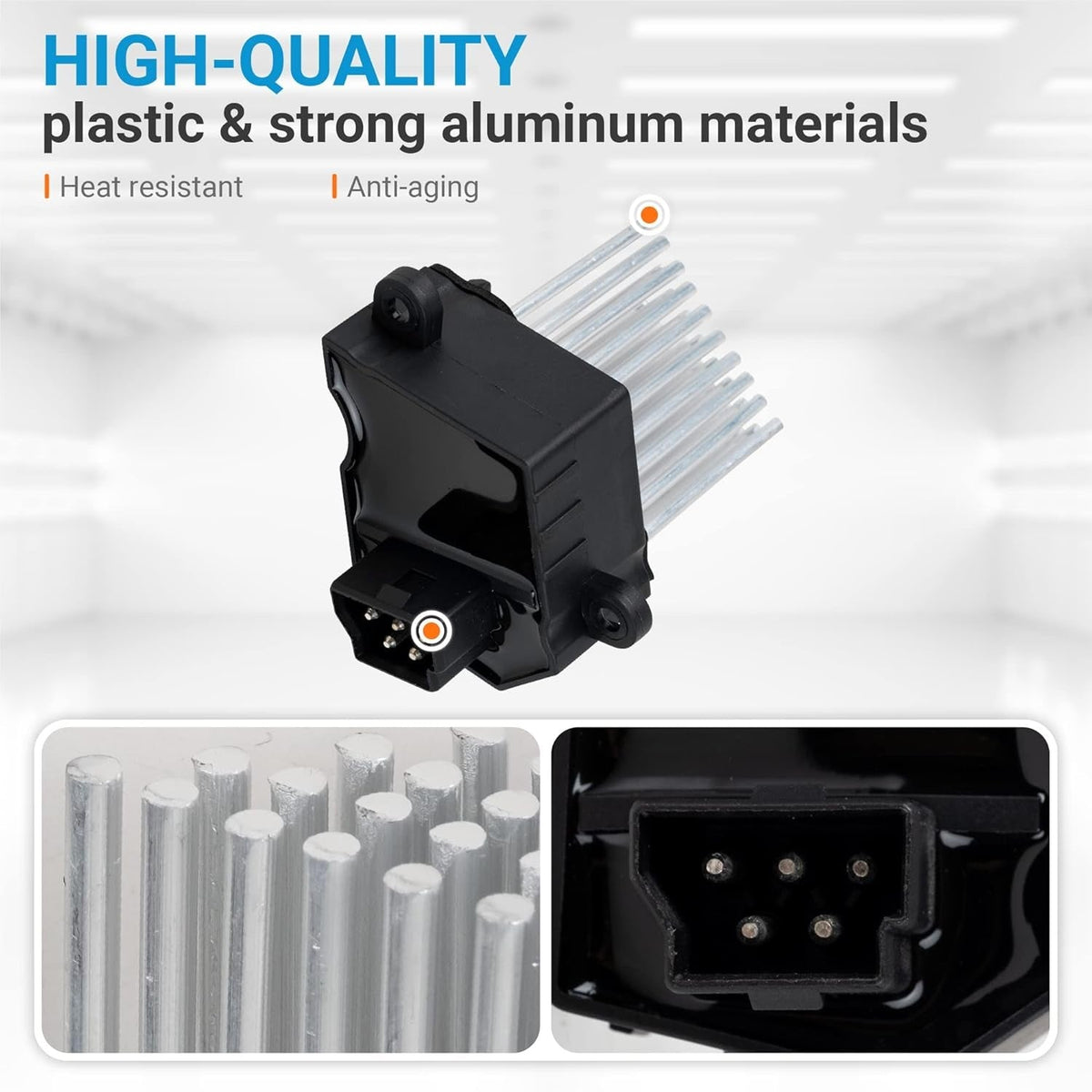 Blower motor resistor 64116923204 featuring heat-resistant aluminum cooling fins and a 5-pin electrical connector.
