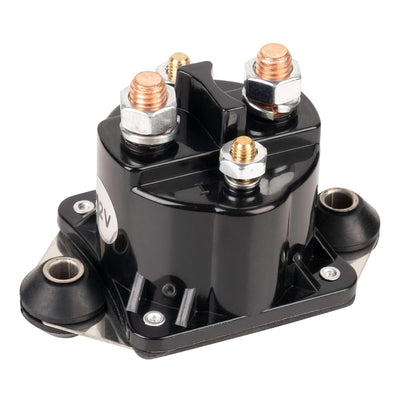 12V starter solenoid relay with copper terminals and mounting base for marine engines.