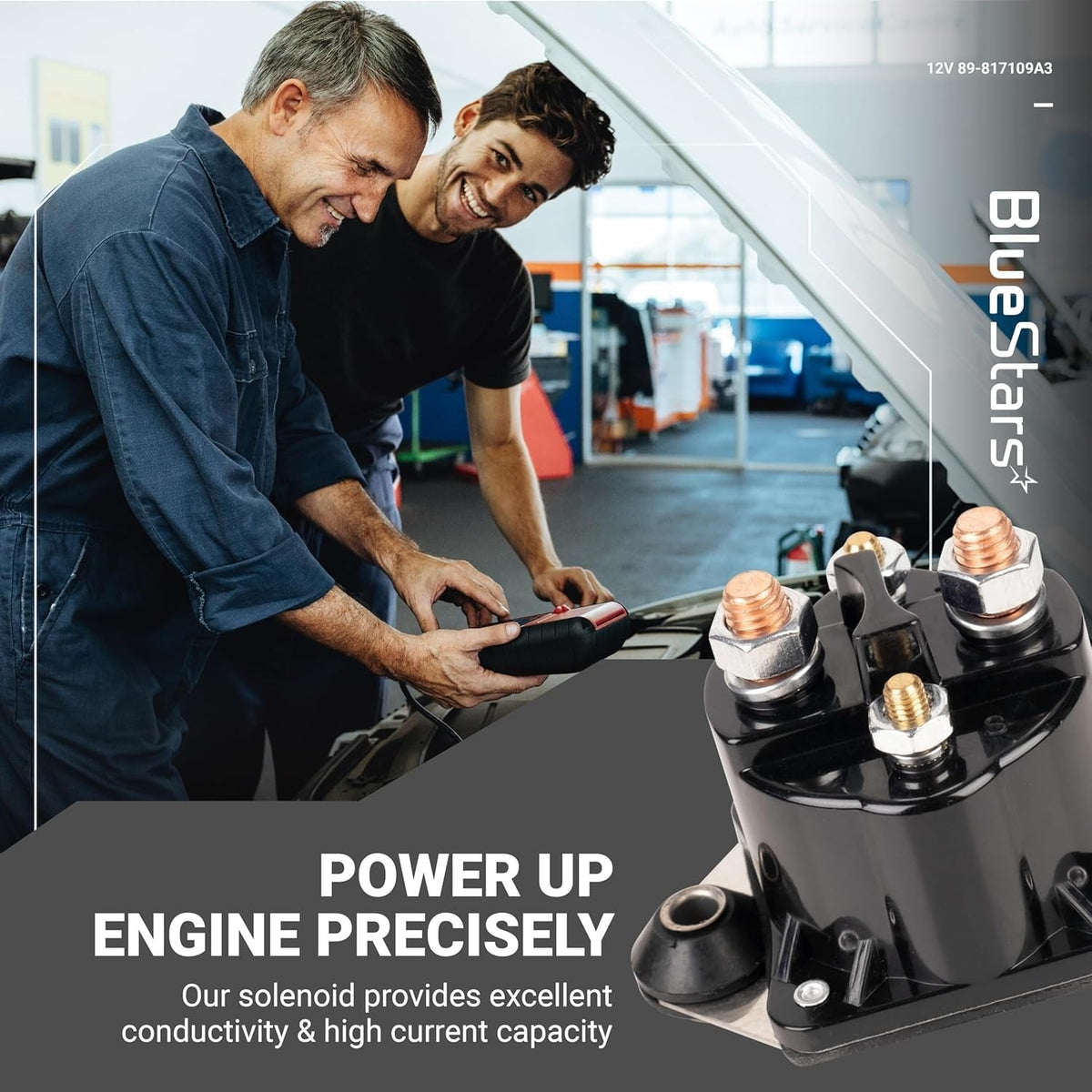 12V starter solenoid relay 89-817109A3 shown in a promotional graphic with mechanics working on a car engine.