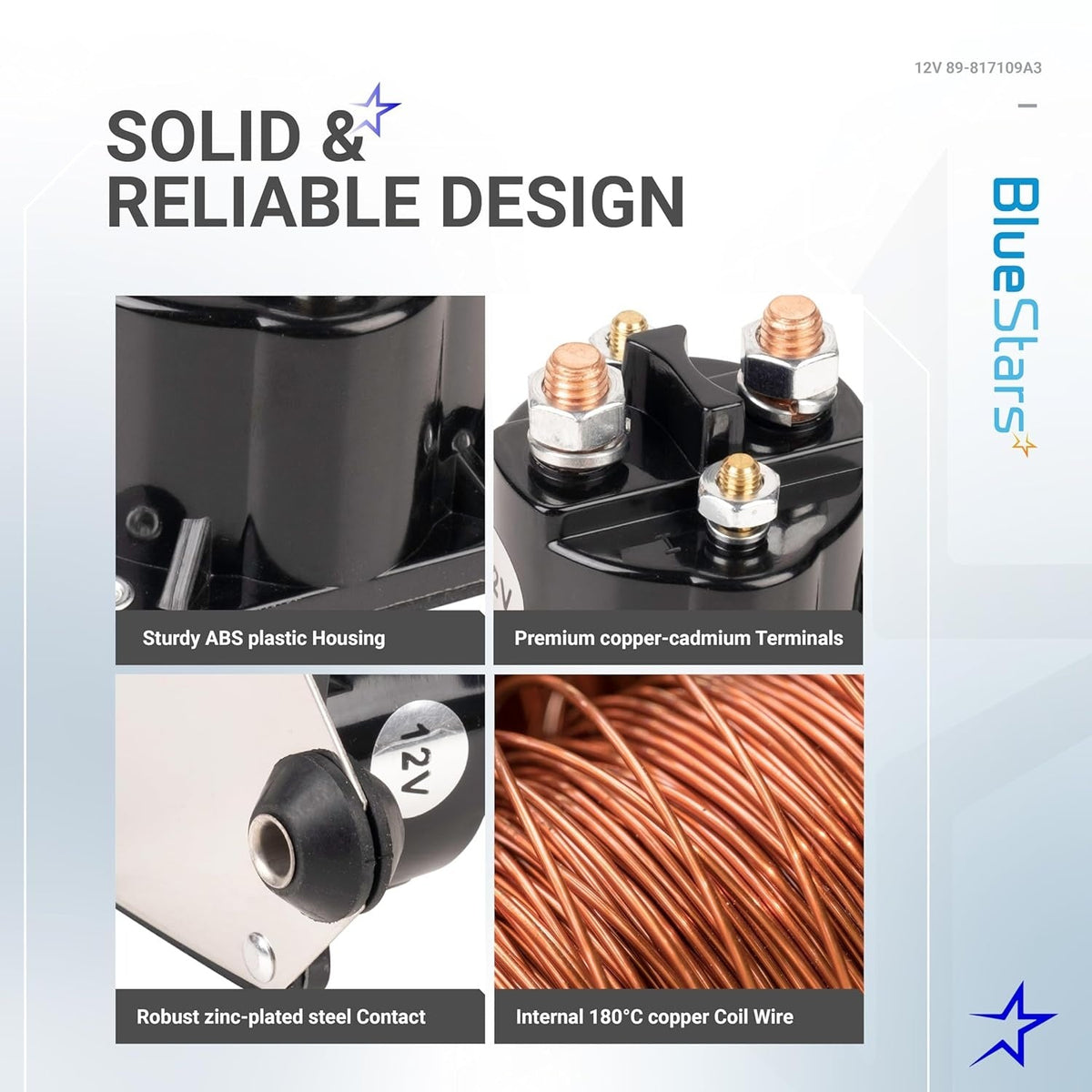 Infographic showing construction details of 12V starter solenoid relay 89-817109A3 including housing, terminals, and coil.