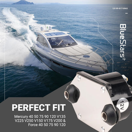 12V starter solenoid relay for Mercury and Force outboard motors against a boat background.
