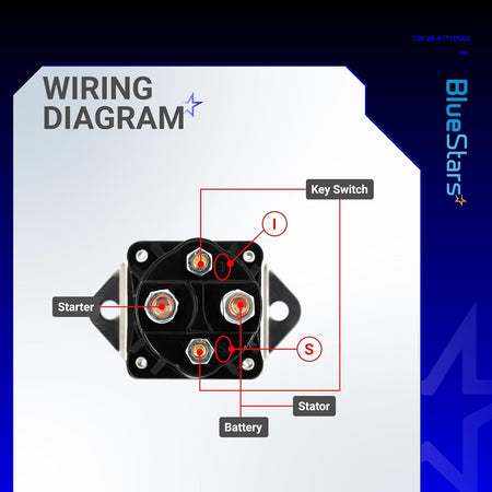 Wiring diagram for 12V starter solenoid relay 89-817109A3 showing terminal connections for starter, battery, and switch.