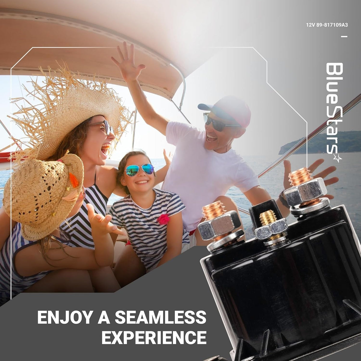 12V starter solenoid relay 89-817109A3 shown in a lifestyle marketing graphic for marine use.