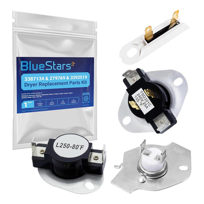 Dryer thermal cut-off kit with replacement thermostat and thermal fuse for Whirlpool, Kenmore, and Maytag dryers.