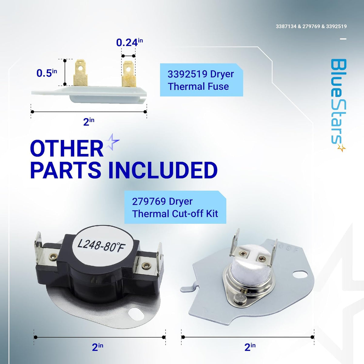 3392519 thermal fuse and 279769 thermal cut-off kit with dimensions for Whirlpool, Kenmore, and Maytag dryers.
