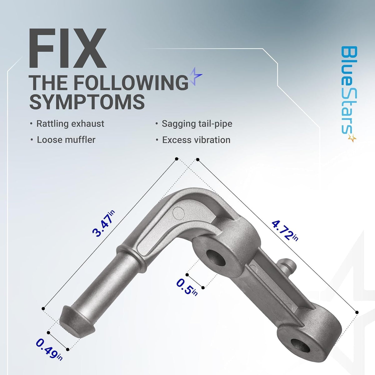 Rear left exhaust muffler support bracket 68275662AB with technical dimensions and symptom fix guide.