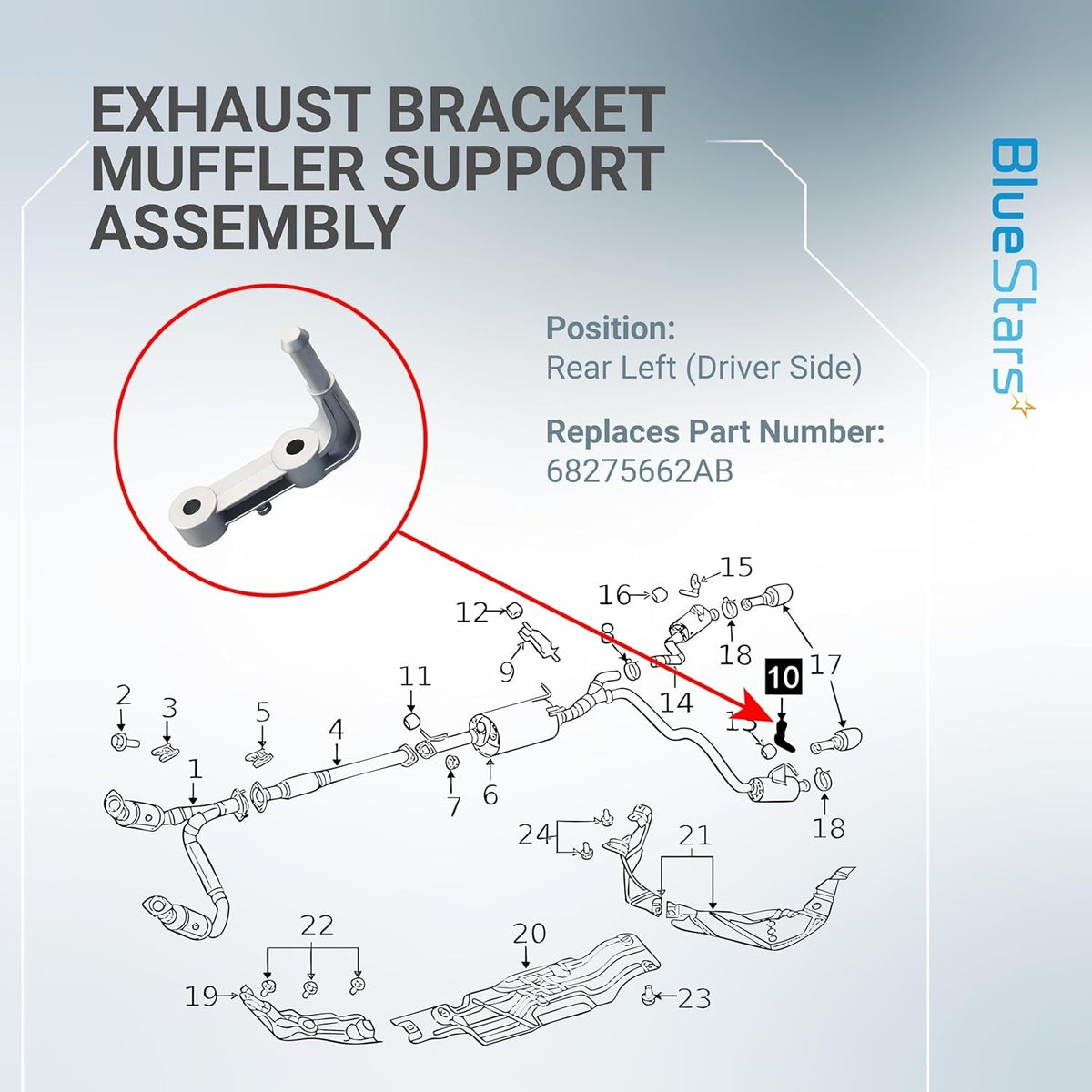 Technical diagram showing the rear left exhaust muffler support bracket assembly 68275662AB with a detailed close-up view.