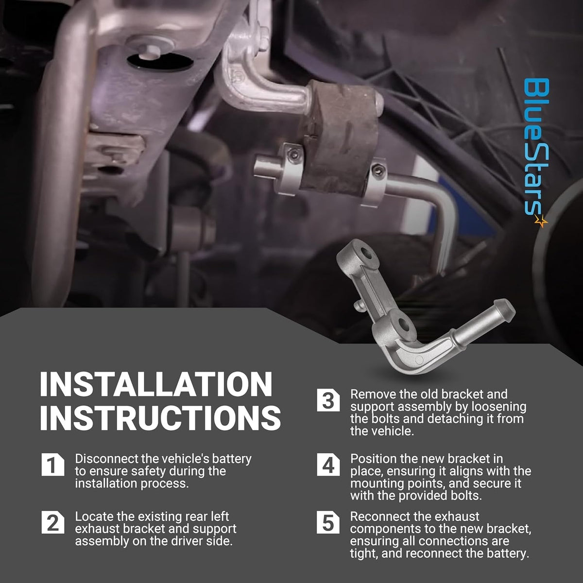 Installation guide for rear left exhaust muffler support bracket 68275662AB showing mounting steps.