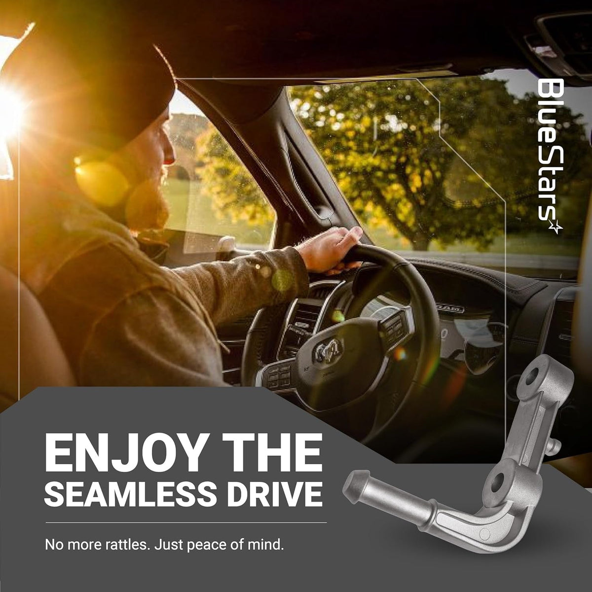 Rear left exhaust muffler support bracket 68275662AB shown in a lifestyle marketing graphic.