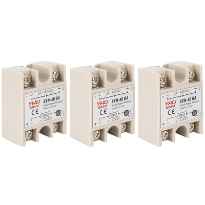 Set of three SSR-40DA solid state relay modules with 3-32VDC input and 24-380VAC output.