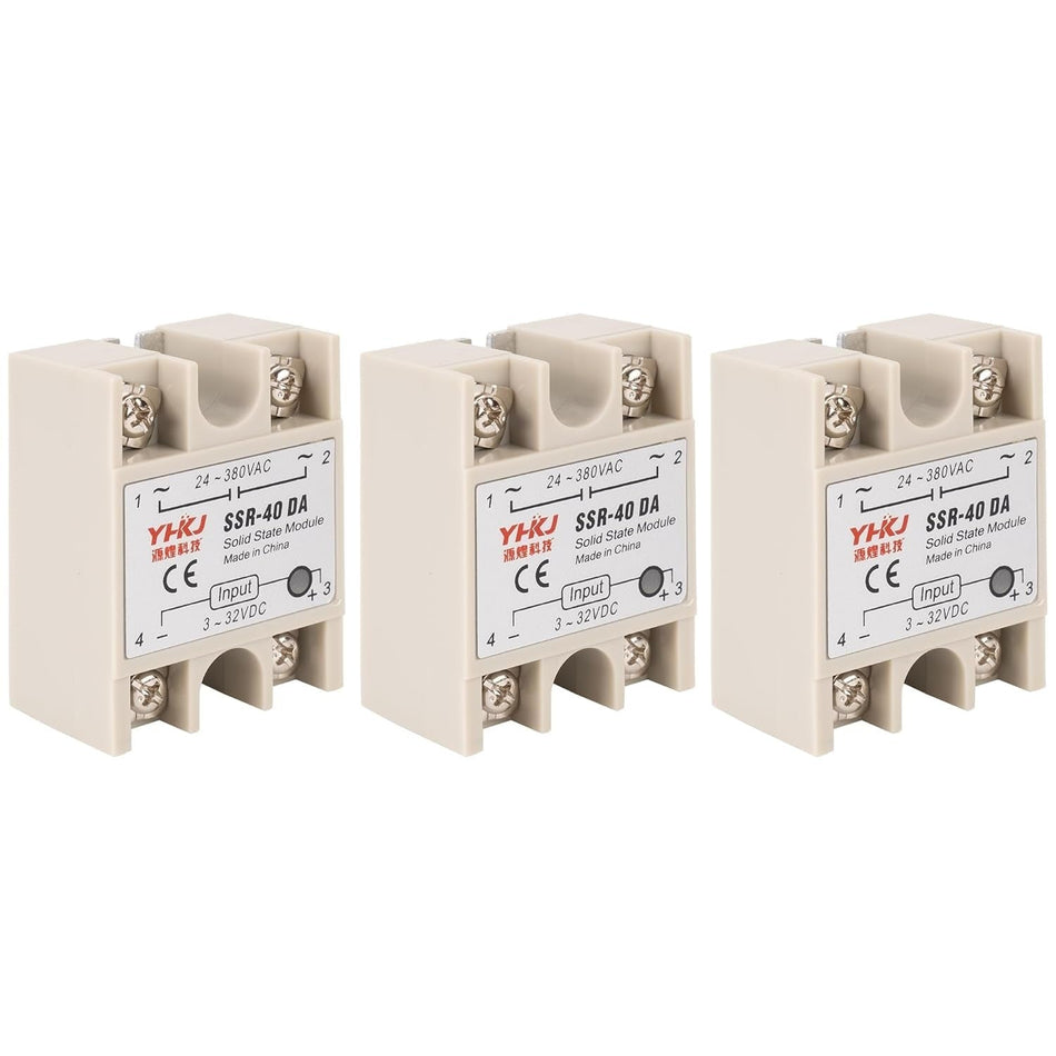 Set of three SSR-40DA solid state relay modules with 3-32VDC input and 24-380VAC output.