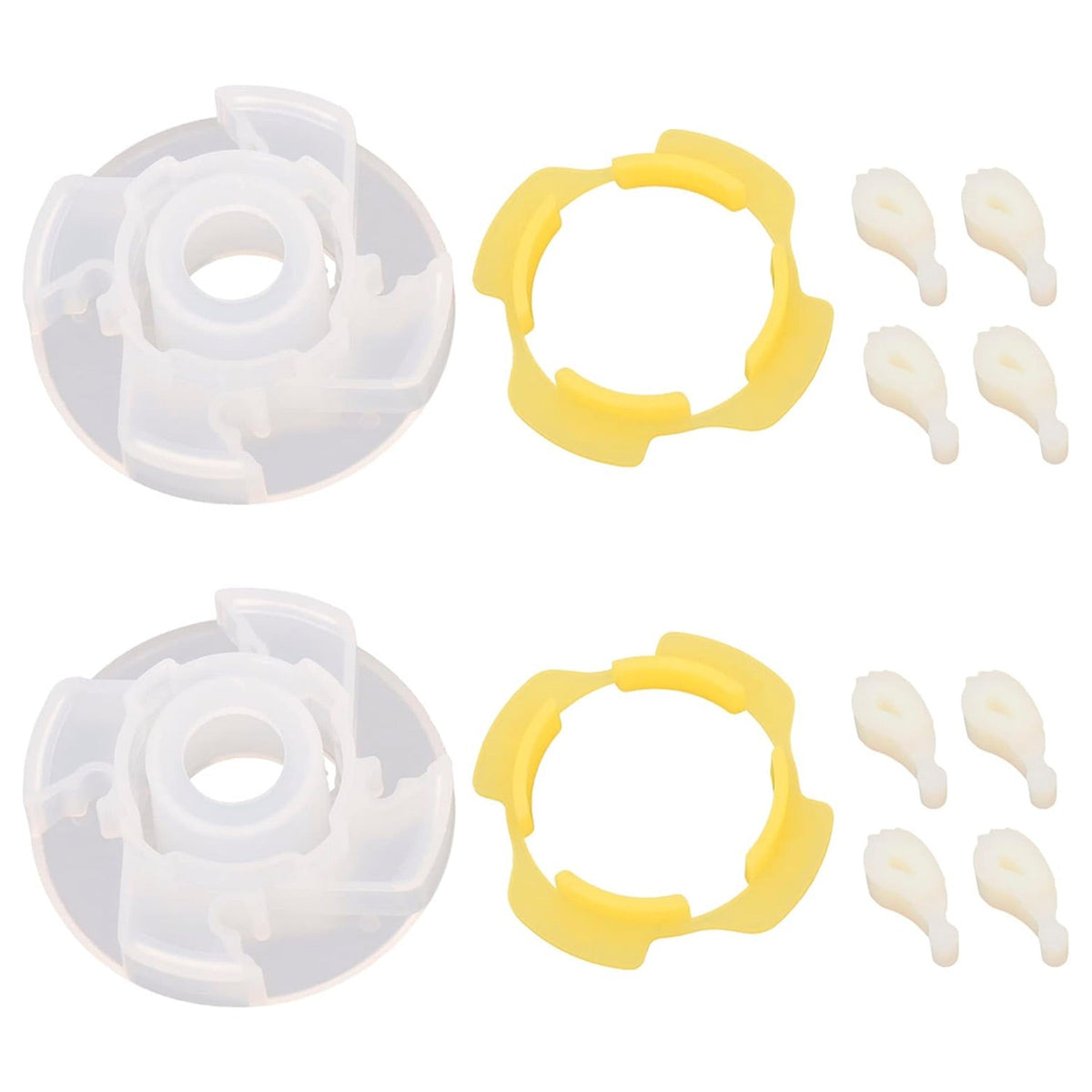 Two sets of washer agitator repair parts including cams, cam followers, and retainers for Whirlpool and Maytag washers.