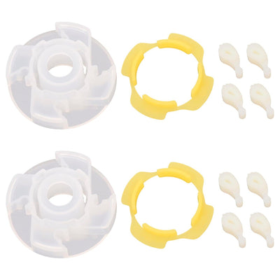 Two sets of washer agitator repair parts including cams, cam followers, and retainers for Whirlpool and Maytag washers.
