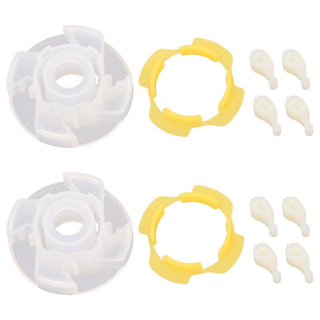 Two sets of washer agitator repair parts including cams, cam followers, and retainers for Whirlpool and Maytag washers.