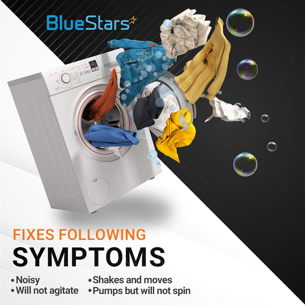 BlueStars washer repair kit infographic showing symptoms fixed for Whirlpool and Maytag washing machines.