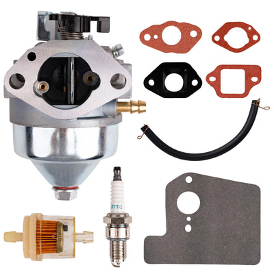 Carburetor kit for Honda GCV190 engine including gaskets, fuel line, spark plug, insulator, and fuel filter.