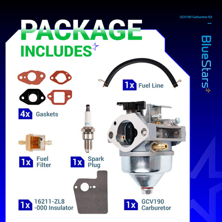 GCV190 carburetor kit contents including carburetor, gaskets, fuel line, fuel filter, spark plug, and insulator.
