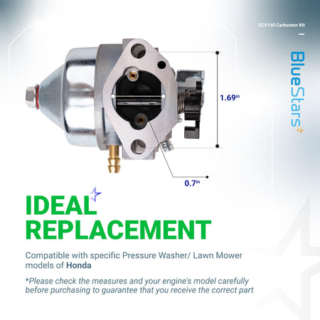 Replacement carburetor for Honda GCV190 engine with dimension labels for lawn mower and pressure washer compatibility.