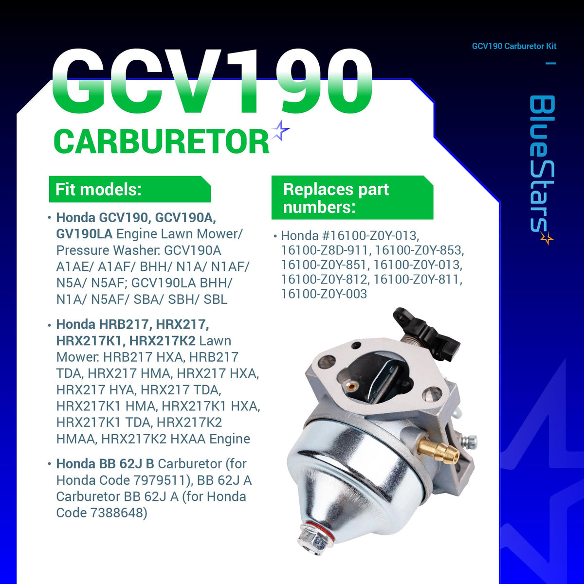 Replacement carburetor for Honda GCV190 engine and HRX217 lawn mower shown on informational product specification card.