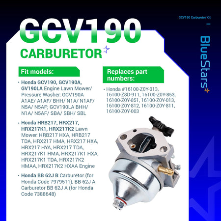 Replacement carburetor for Honda GCV190 engine and HRX217 lawn mower shown on informational product specification card.