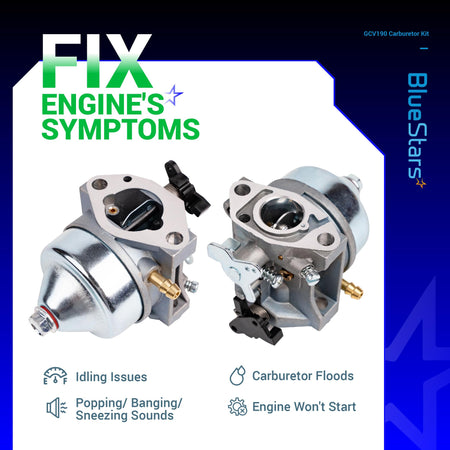 Two GCV190 lawn mower carburetors shown from different angles for Honda engine repair.