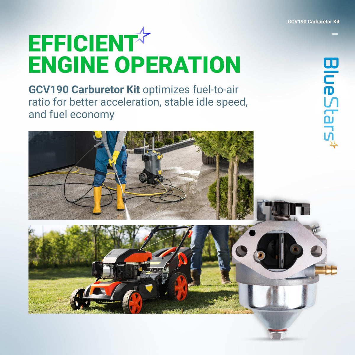 GCV190 carburetor for Honda lawn mowers and pressure washers with lifestyle images of engine equipment.
