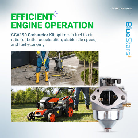 GCV190 carburetor for Honda lawn mowers and pressure washers with lifestyle images of engine equipment.