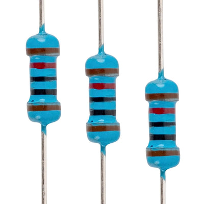 Close-up of three 1/4W 10k ohm metal film resistors with blue bodies and color-coded bands.