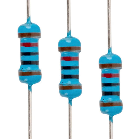 Close-up of three 1/4W 10k ohm metal film resistors with blue bodies and color-coded bands.