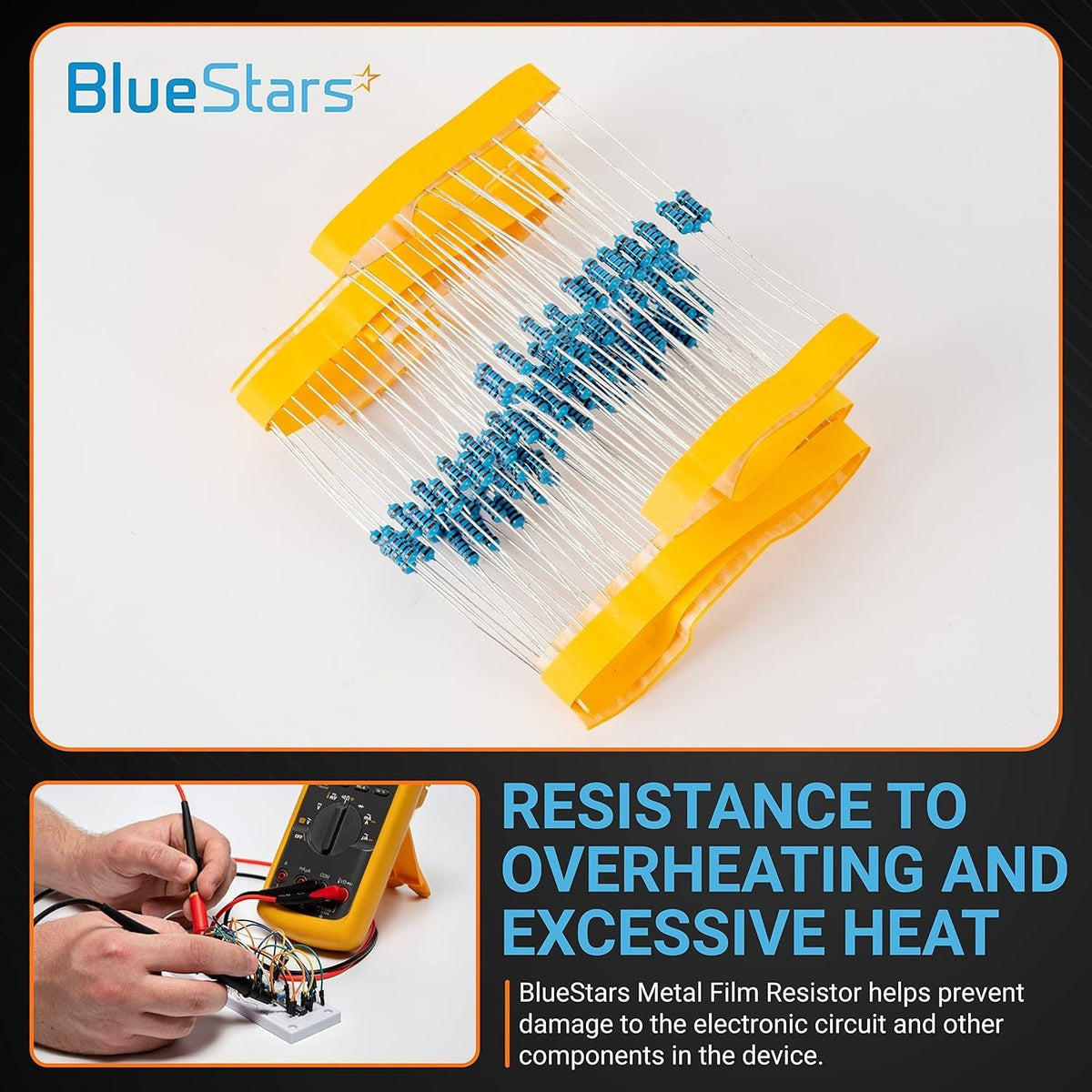 Pack of 120 blue 1/4W 10k ohm metal film resistors on yellow paper tape strips.