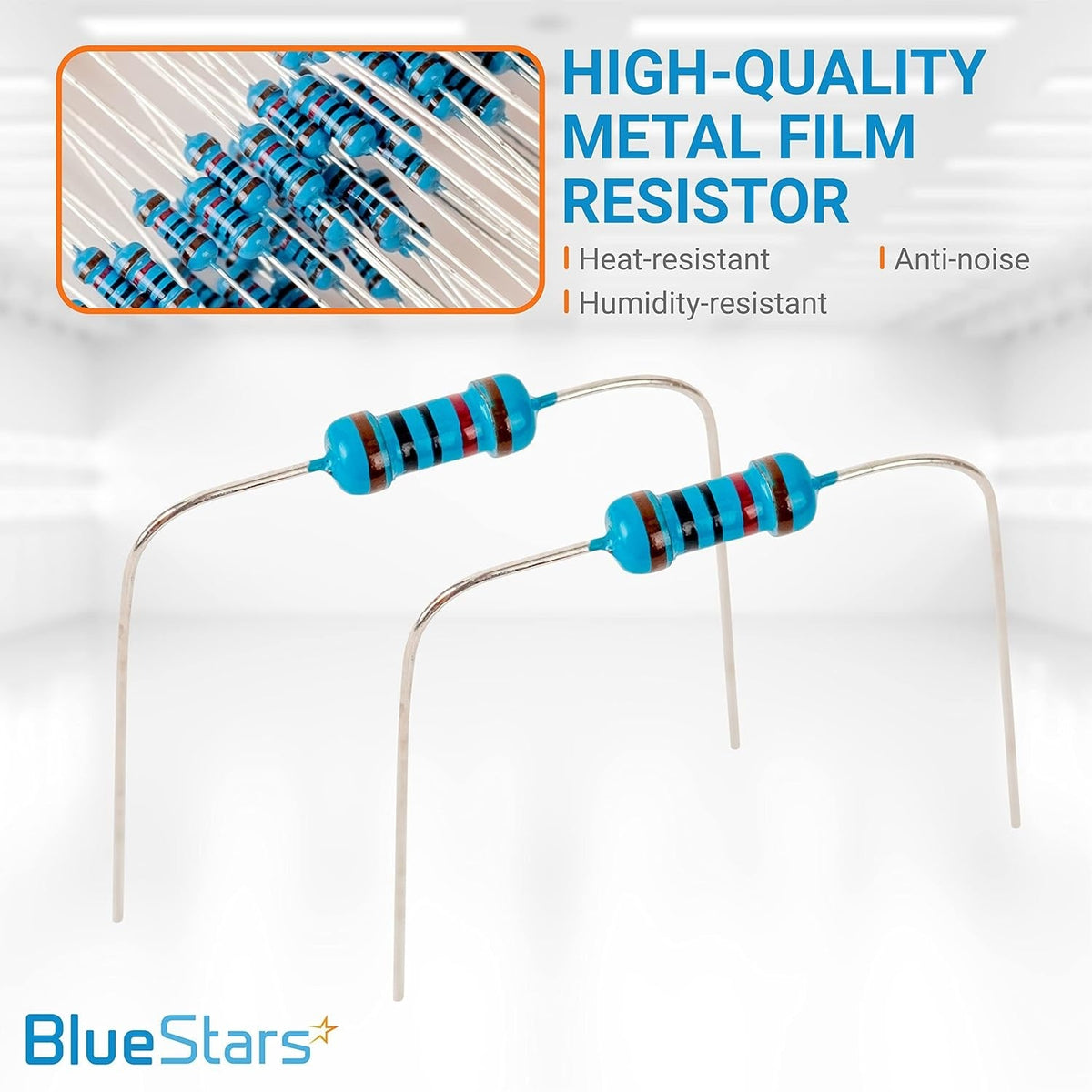 Two 1/4W 10k ohm metal film resistors with bent leads shown in a close-up product view.