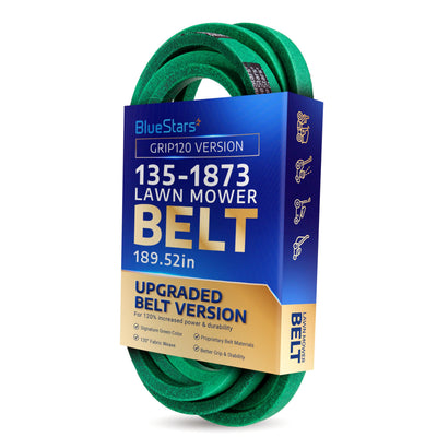 135-1873 green lawn mower deck belt in BlueStars branded packaging for Toro Titan and Z Master mowers.
