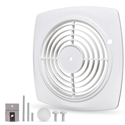 White 11.5-inch bathroom exhaust fan cover replacement for Nutone Broan wall fans with included mounting hardware.